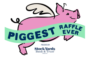 Cartoon pink pig wearing a blue sash across its body on a green background.